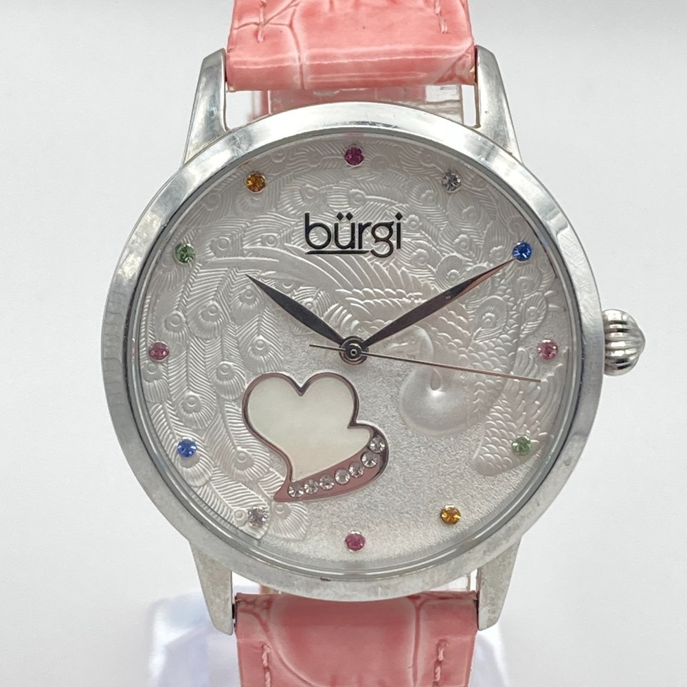 Burgi Women's Watch 36mm Silver Tone MOP Peacock Rainbow Crystals New Battery